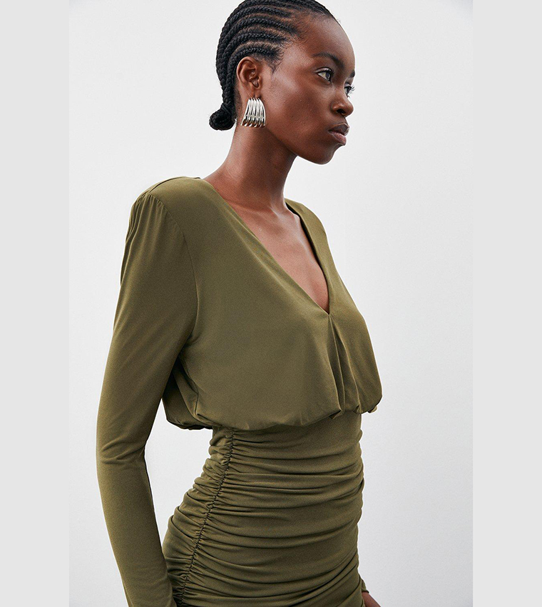 Buy Karen Millen Jersey Crepe Ruched Mini Dress In Khaki 6thStreet Bahrain