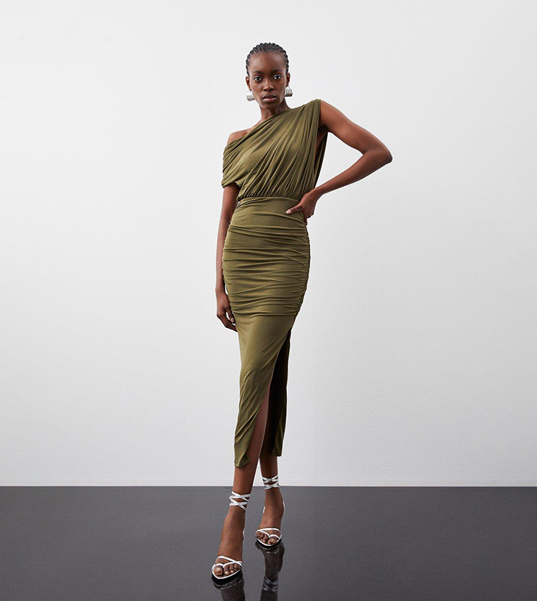 Buy Karen Millen Jersey Crepe Asymetric Neckline Maxi Dress In Khaki