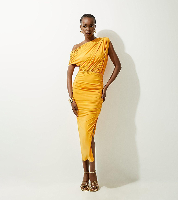 Jersey Crepe Asymmetric Neck Maxi Dress