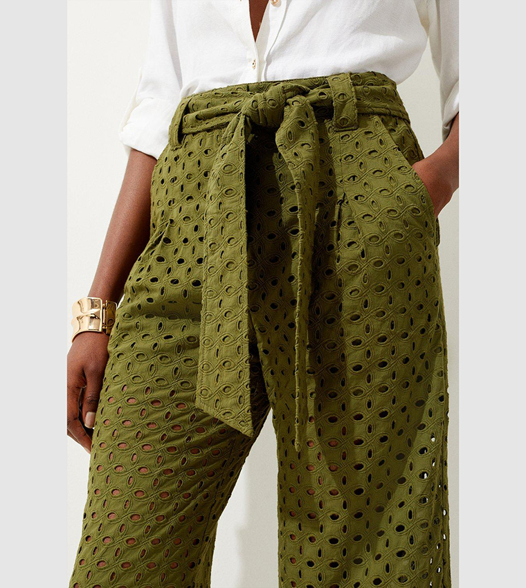 Buy Karen Millen Belted Broderie Woven Trousers In Khaki