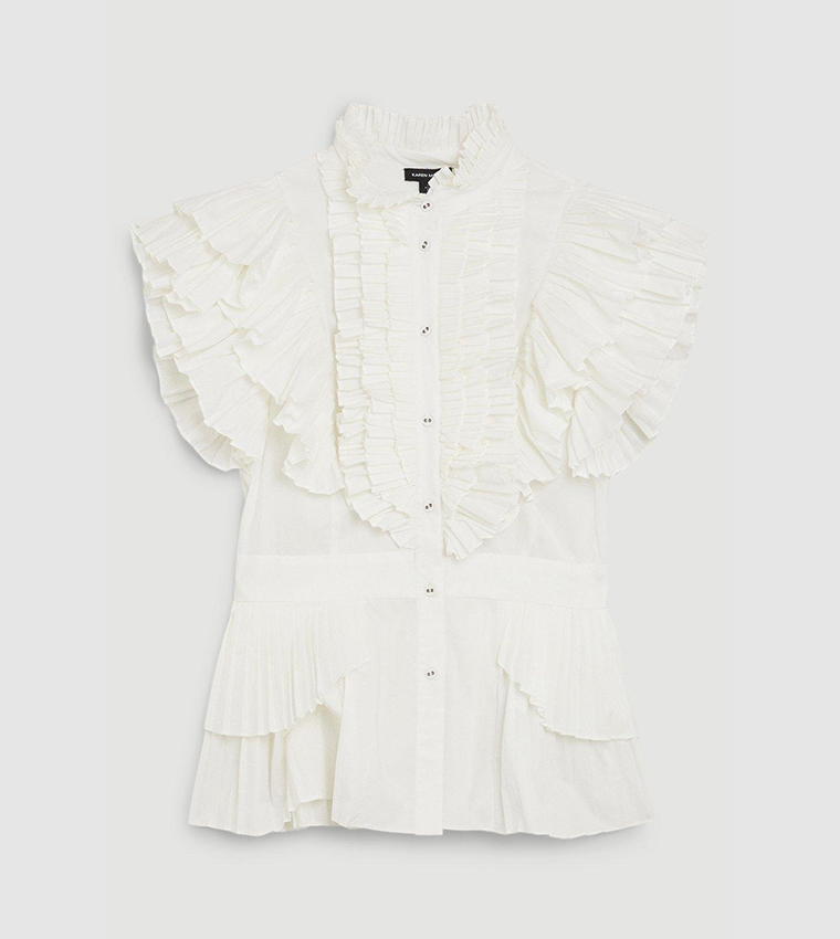 Cap Sleeve Pleated Ruffle Woven Shirt