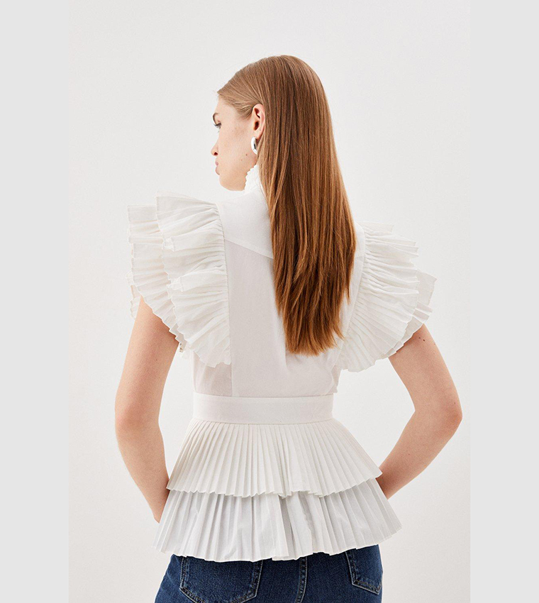 Cap Sleeve Pleated Ruffle Woven Shirt