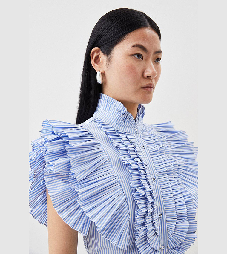 Buy Karen Millen Cap Sleeve Striped Pleated Ruffle Woven Shirt In