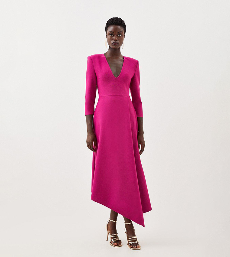 karen millen asymmetric belted dress Ivory Petite Clean Tailored Asymmetric Collar Belted Full Skirted Tailored Midi Dress