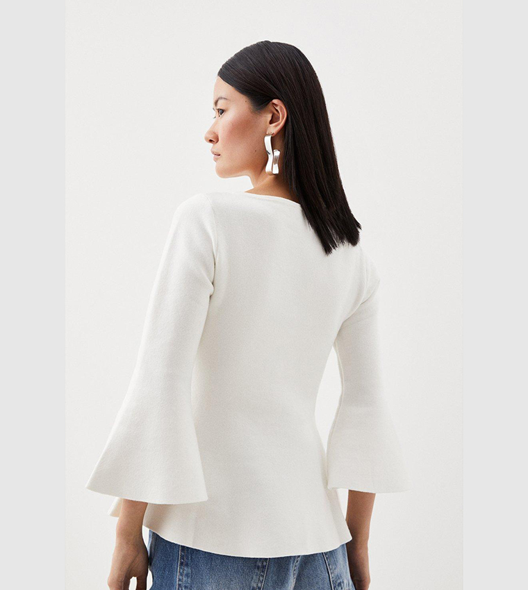 Buy Karen Millen Compact Wool Look Knit Bell Sleeves Top In Ivory