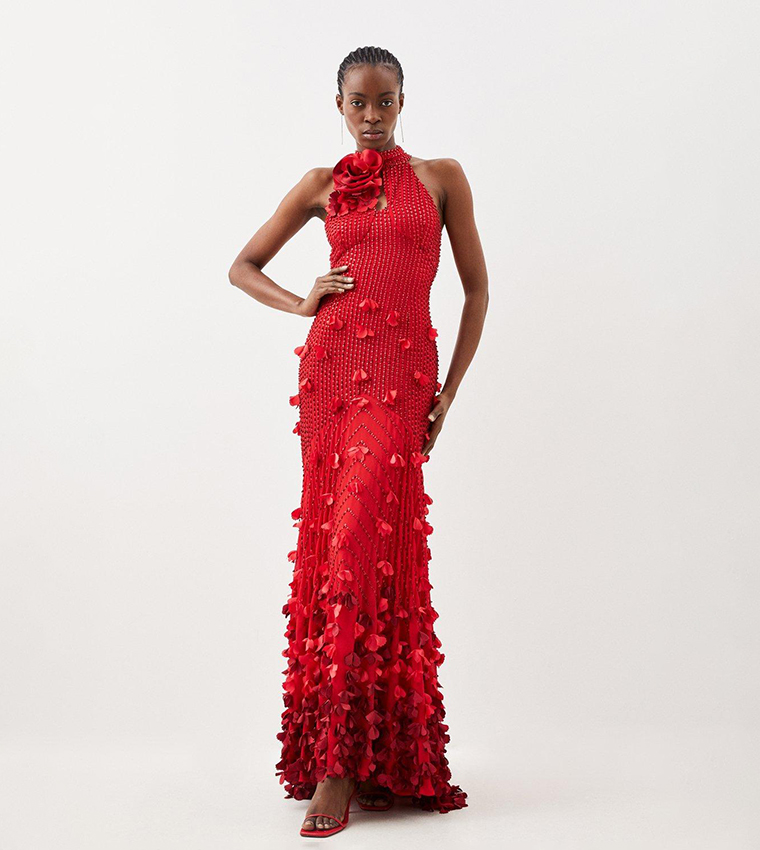 Buy Karen Millen Floral Applique Woven Maxi Rosette Maxi Dress In Red 6thStreet UAE