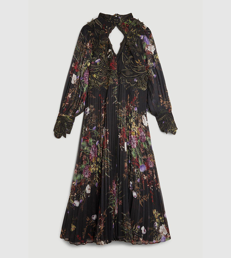 Floral Applique Pleated Maxi Dress