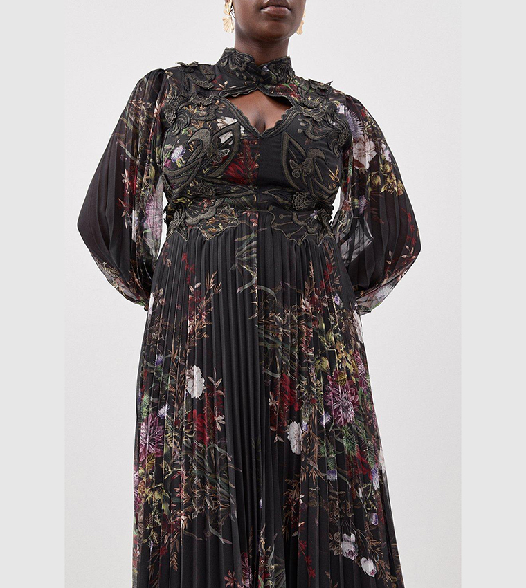 Floral Applique Pleated Maxi Dress