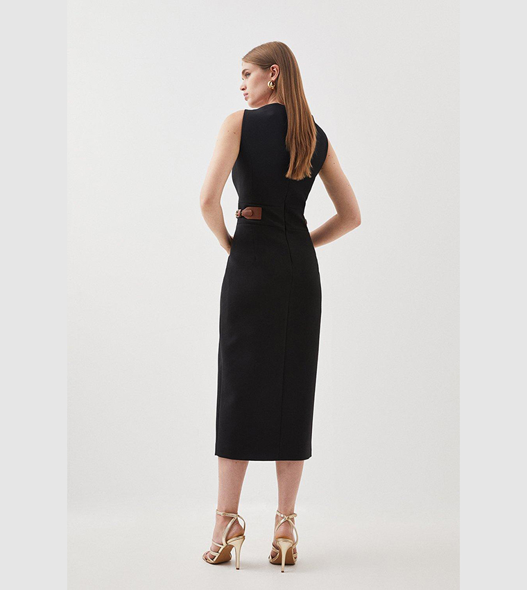 Compact Stretch Pu Tab Detail Midi Dress