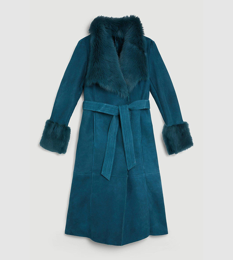 Buy Karen Millen Shearling Cuff And Collar Wrap Belted Coat In Green buy-karen-millen-shearling-cuff-and-collar-wrap-belted-coat-in-green