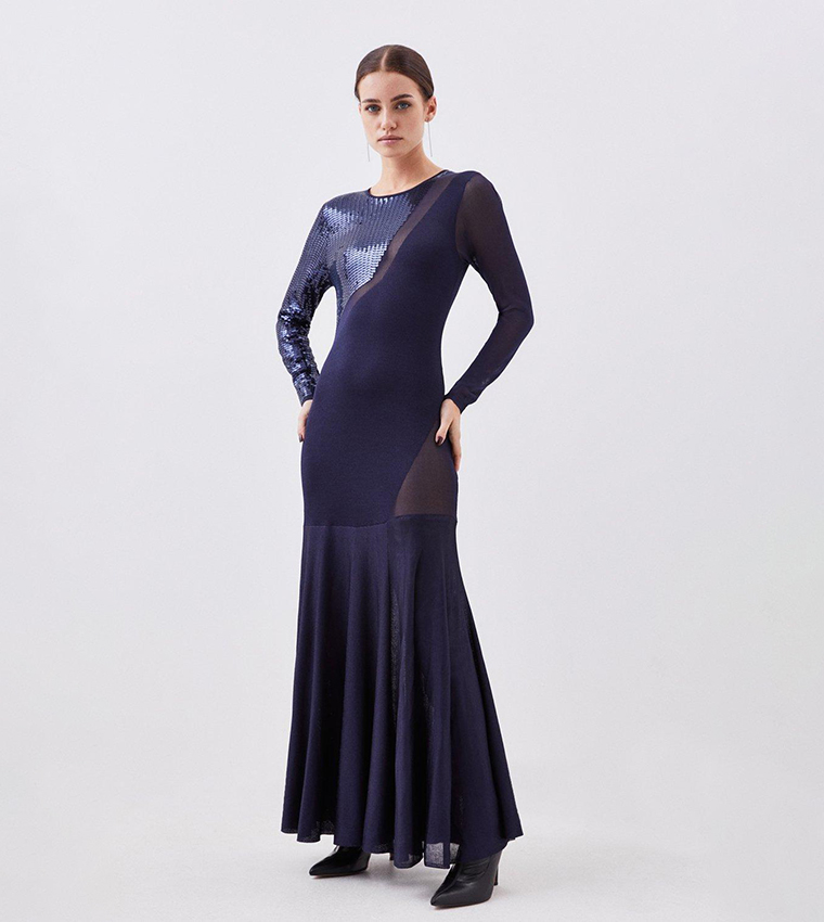 Chiffon Long Sleeve Panelled Maxi Dress