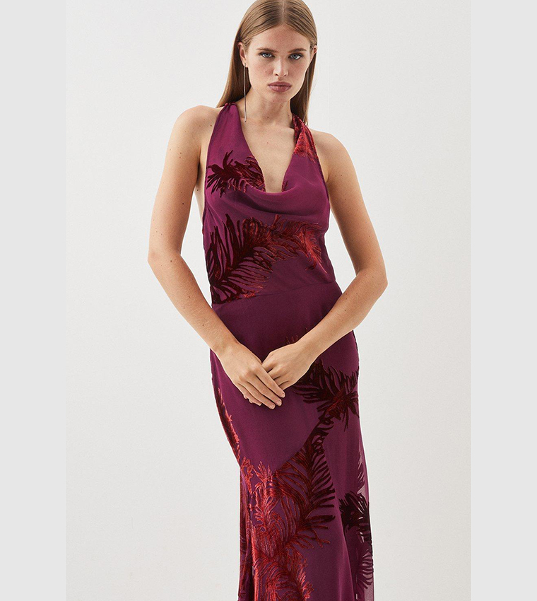 Buy Karen Millen Feather Devore Halter Neck Woven Midi Dress In FIG