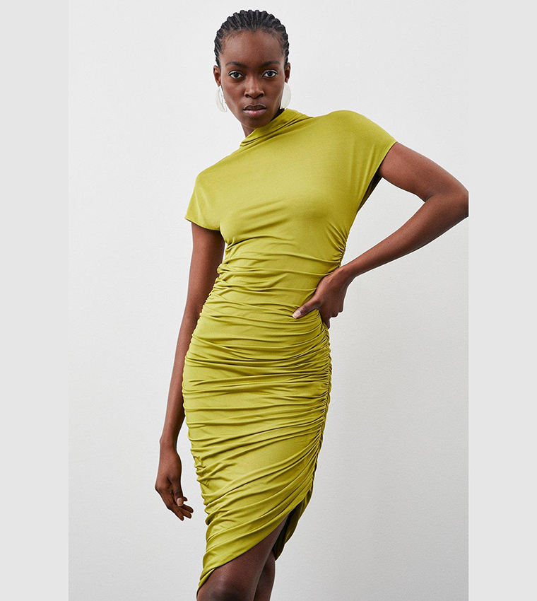 Buy Karen Millen Slinky Jersey Ruched Asymmetric Midi Dress In Green