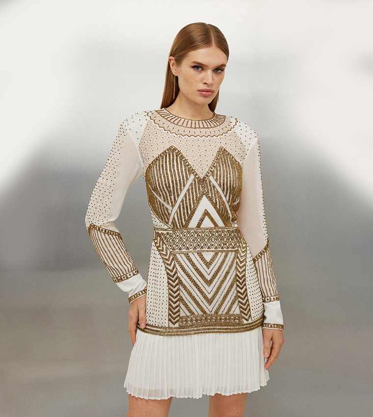 Buy Karen Millen Gold Embellished Pleated Woven Mini Dress In Beige |  6thStreet Bahrain