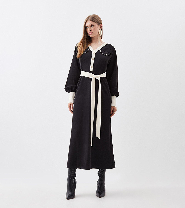 Buy Karen Millen Contrast Twill Long Sleeve Belted Maxi Dress In Multiple Colors 6thStreet Kuwait