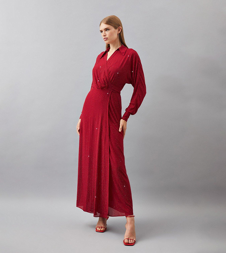 Hot Fix Plunge Batwing Woven Maxi Dress
