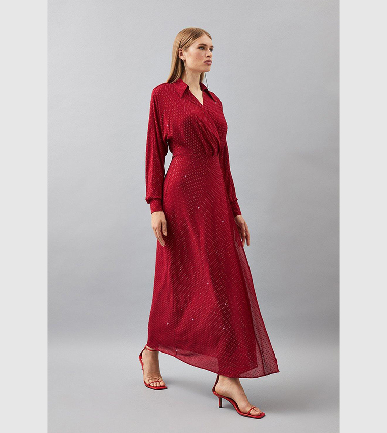 Hot Fix Plunge Batwing Woven Maxi Dress
