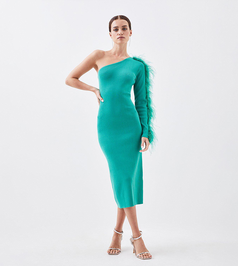 green emerald velvet dress Rent Karen Millen Figure Form Bandage Feather Hem Knit Midi Dress main image 0