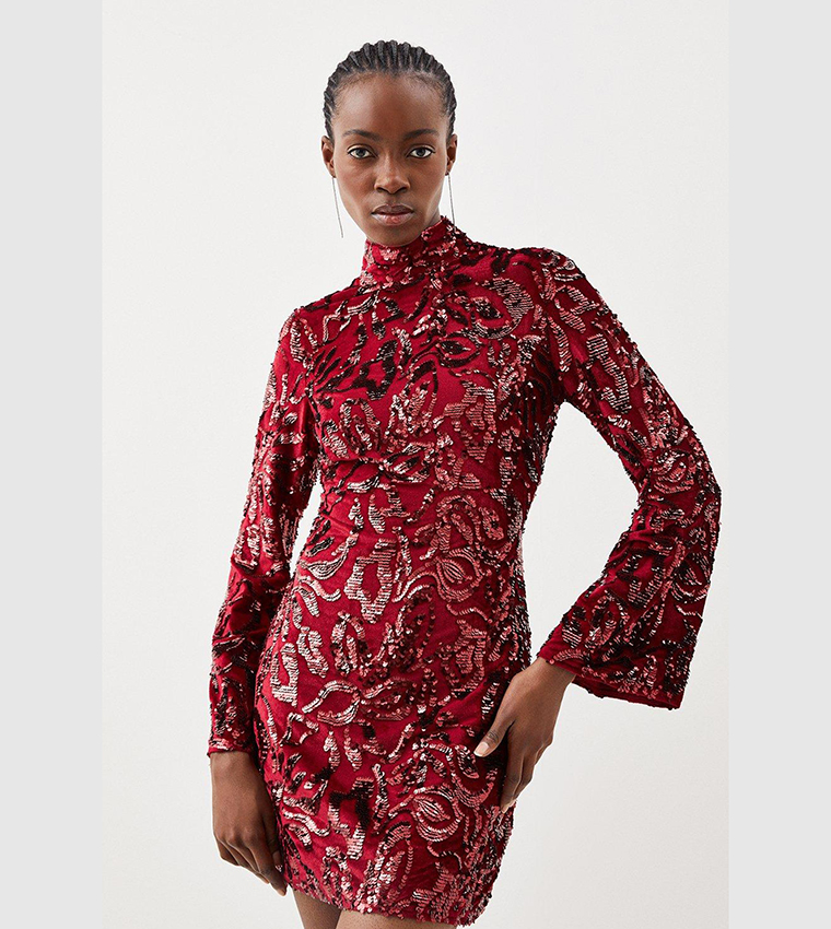 Buy Karen Millen Velvet Sequin Woven T Shirt Dress In Red | 6thStreet Oman