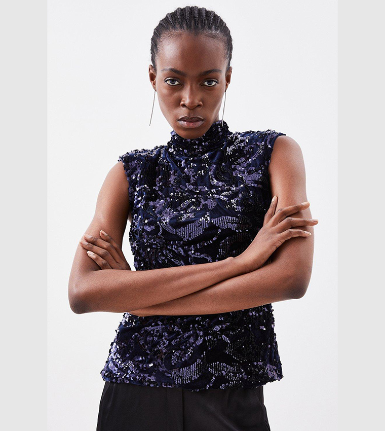 Buy Karen Millen Sequin High Neck Woven Top In Navy 6thStreet