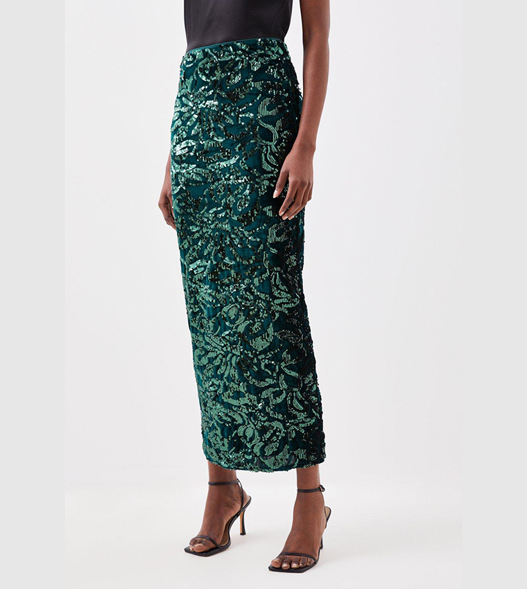 Buy Karen Millen Velvet Sequin Woven Maxi Skirt In Green 6thStreet Kuwait