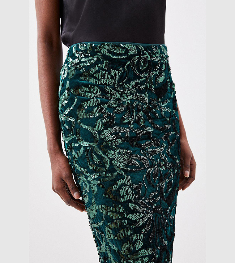 Buy Karen Millen Velvet Sequin Woven Maxi Skirt In Green 6thStreet Kuwait