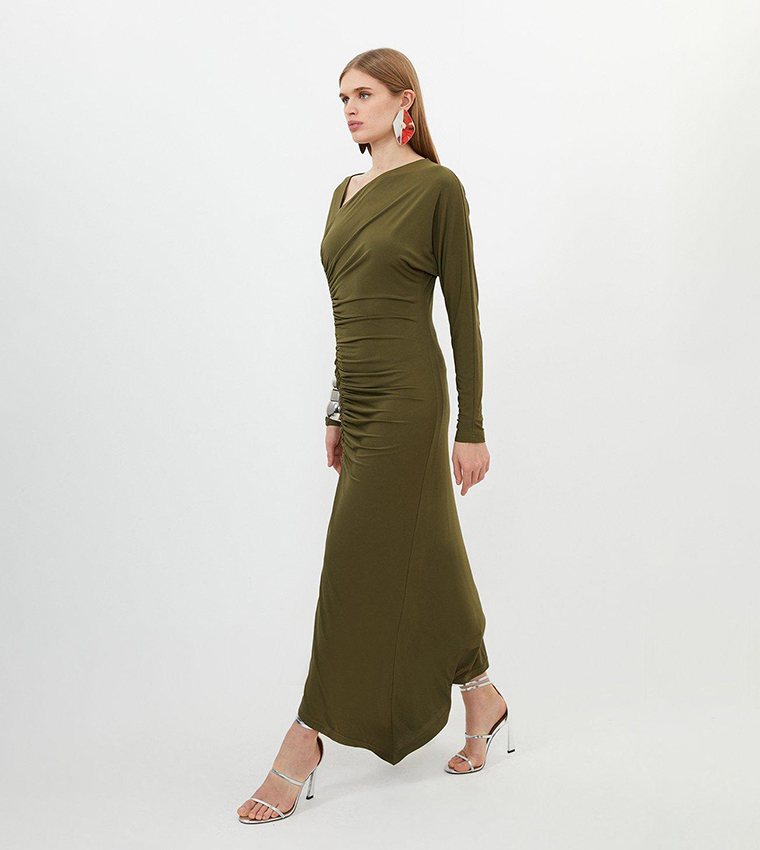 Jersey Crepe Ruched Long Sleeves Maxi Dress