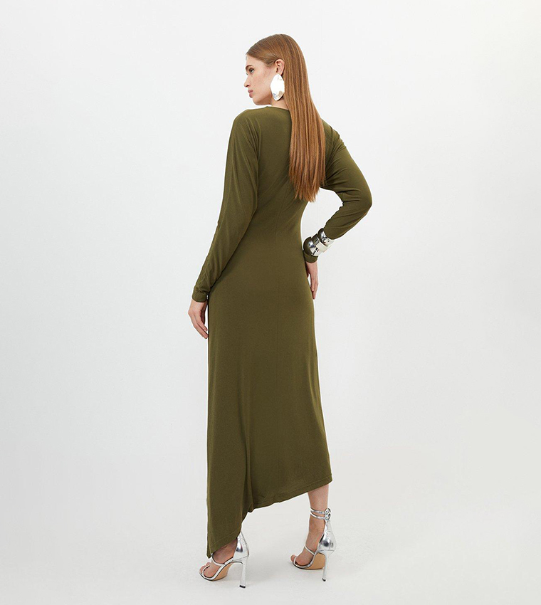 Jersey Crepe Ruched Long Sleeves Maxi Dress