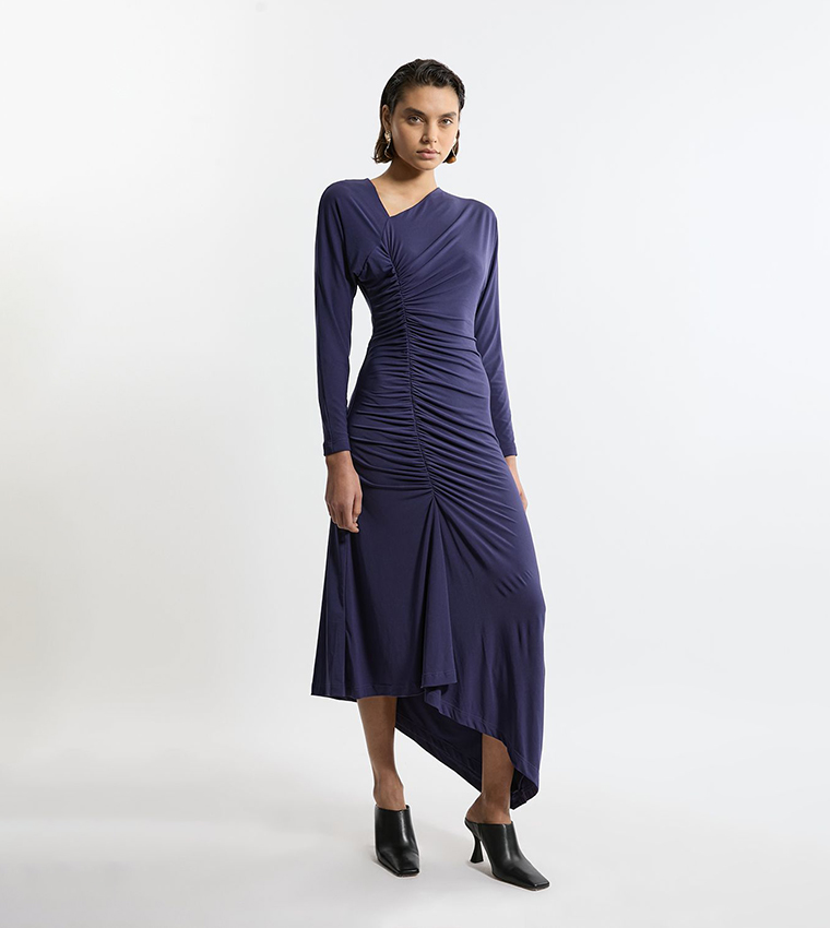 Jersey Crepe Ruched Long Sleeves Maxi Dress