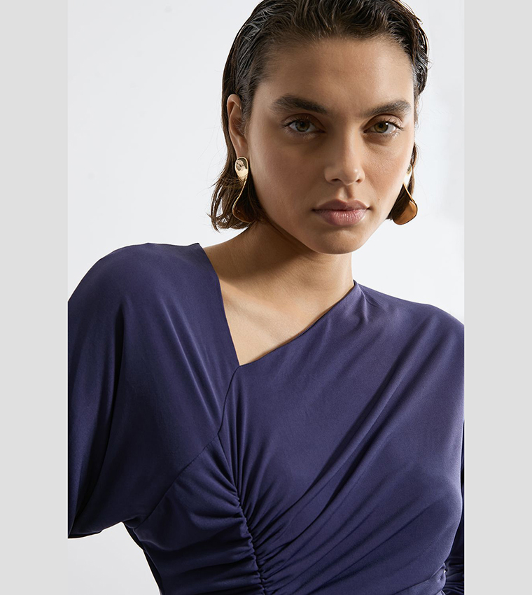 Jersey Crepe Ruched Long Sleeves Maxi Dress