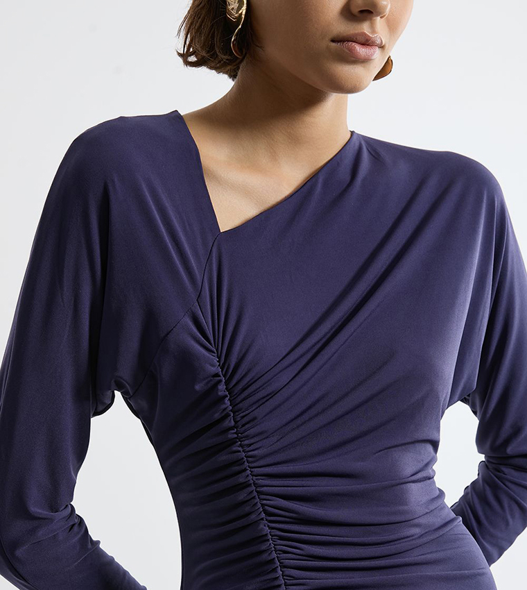 Jersey Crepe Ruched Long Sleeves Maxi Dress
