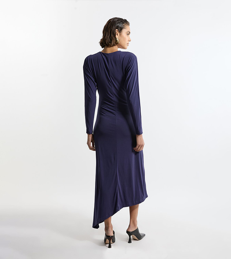 Jersey Crepe Ruched Long Sleeves Maxi Dress