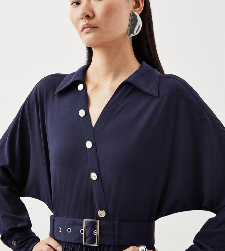 Jersey and Georgette Mix Belted Pleat Midi Dress