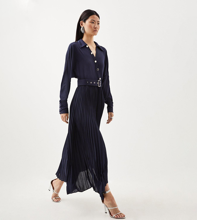 Jersey and Georgette Mix Belted Pleat Midi Dress