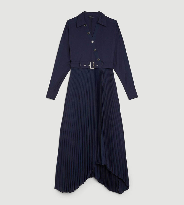 Jersey and Georgette Mix Belted Pleat Midi Dress