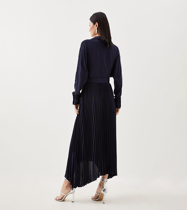 Jersey and Georgette Mix Belted Pleat Midi Dress