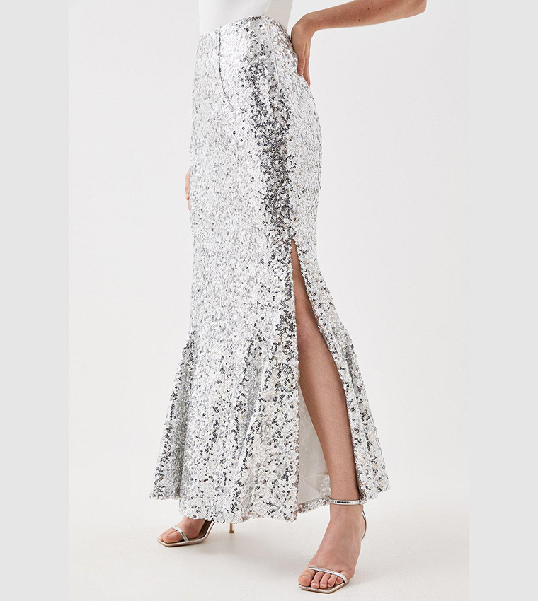 Metallic Matte Sequin Woven Midi Skirt | Karen Millen