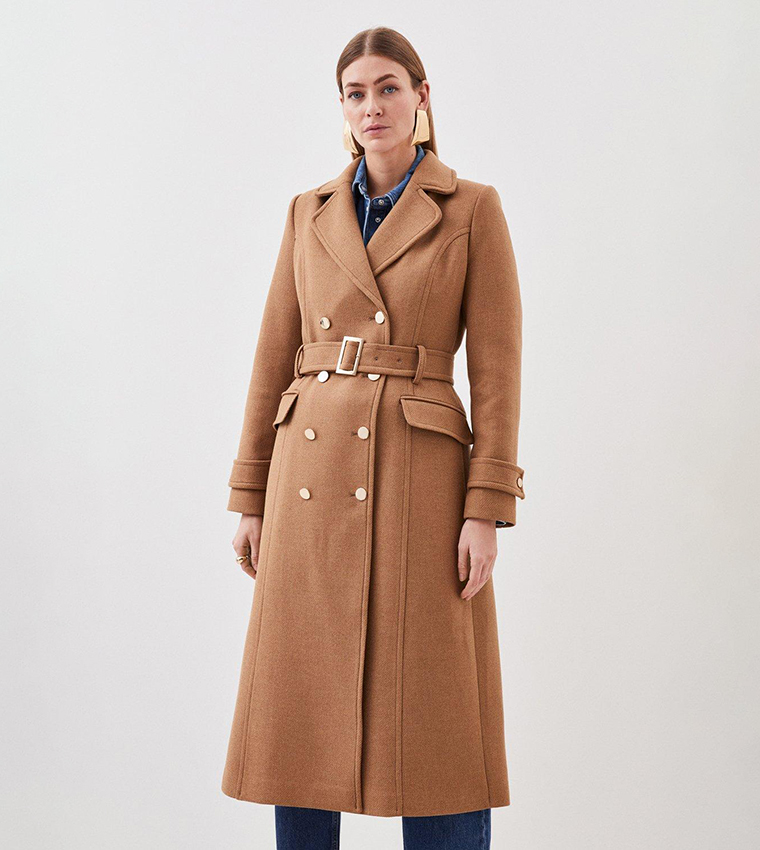 Buy Karen Millen Italian Wool Stitch Detail Trench Coat In Brown ...