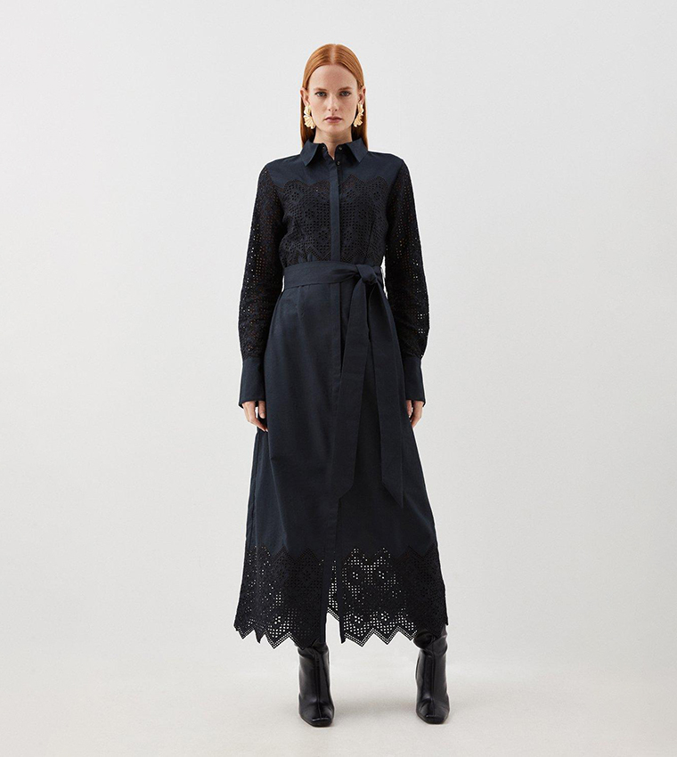Buy Karen Millen Outlet Cotton Broderie Woven Maxi Dress In Navy - Main Image