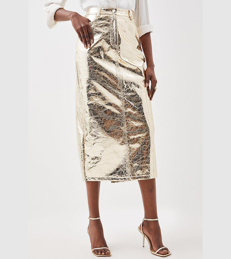 Buy Karen Millen Metallic Faux Leather Midi Skirt In Gold | 6thStreet Qatar