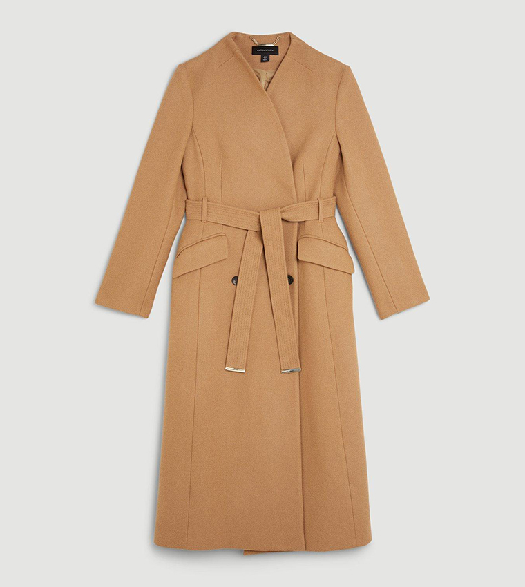 Tailored Wool Blend High Neck Belted Maxi Coat