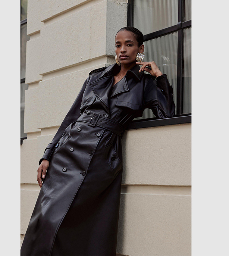 Buy Karen Millen Tailored Faux Leather Belted Trench Coat In Black