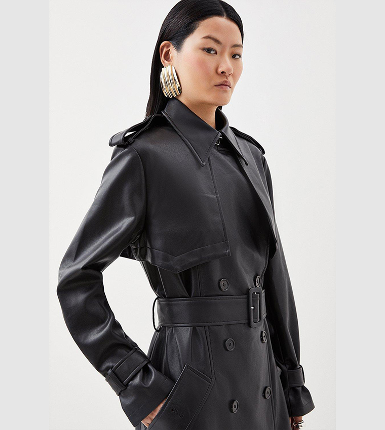 Buy Karen Millen Tailored Faux Leather Belted Trench Coat In Black