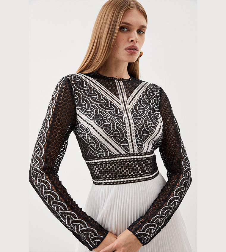 Buy Karen Millen Guipure Lace Pleated Placed Print Woven Maxi Dress In  Black