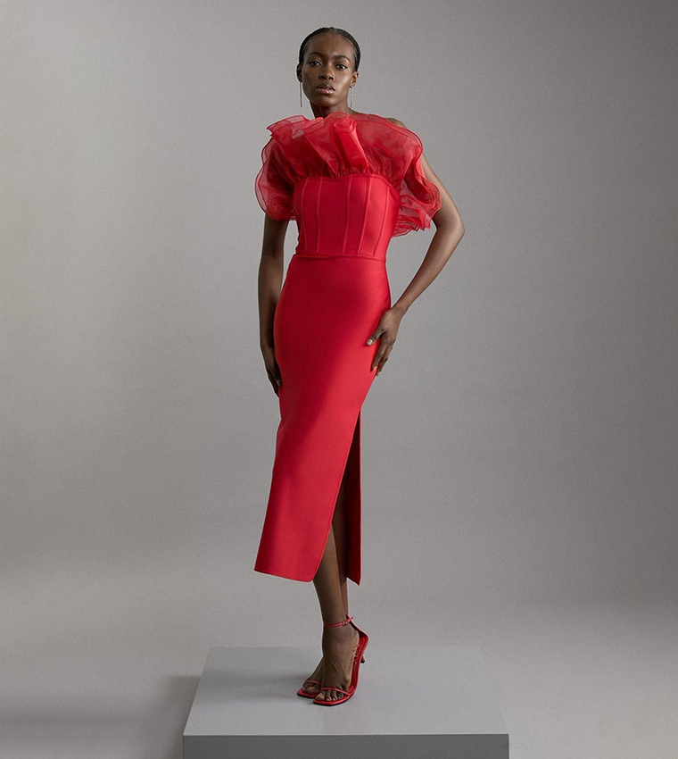Bandage Figure Form Organza Frill Knit Midi Dress