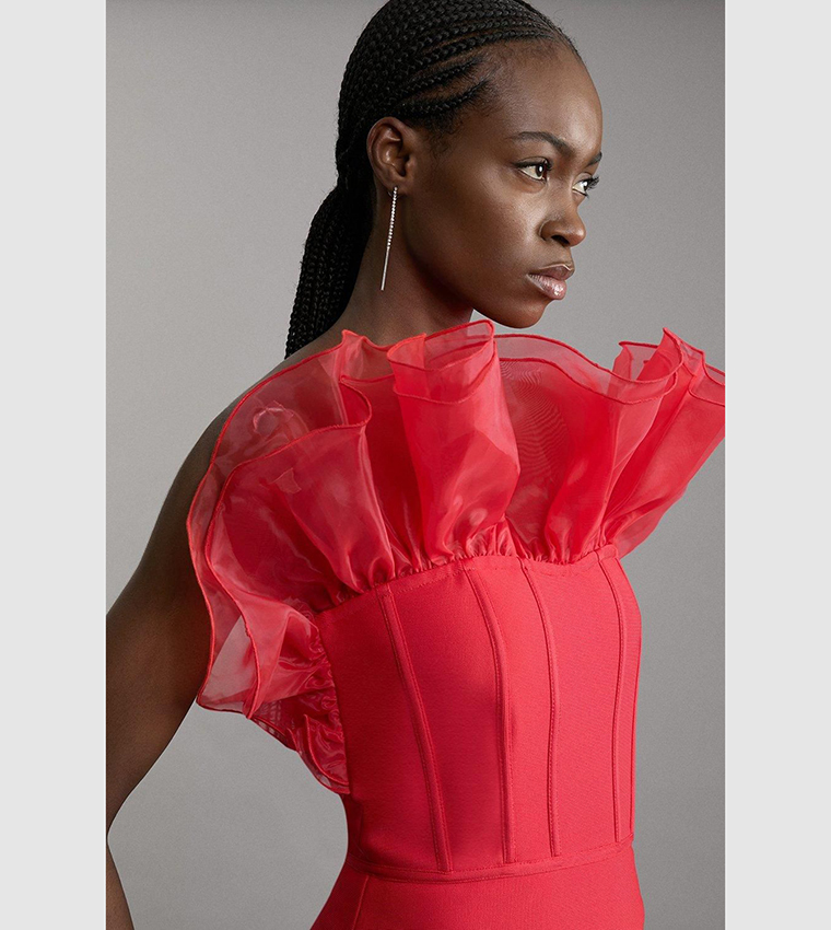Bandage Figure Form Organza Frill Knit Midi Dress