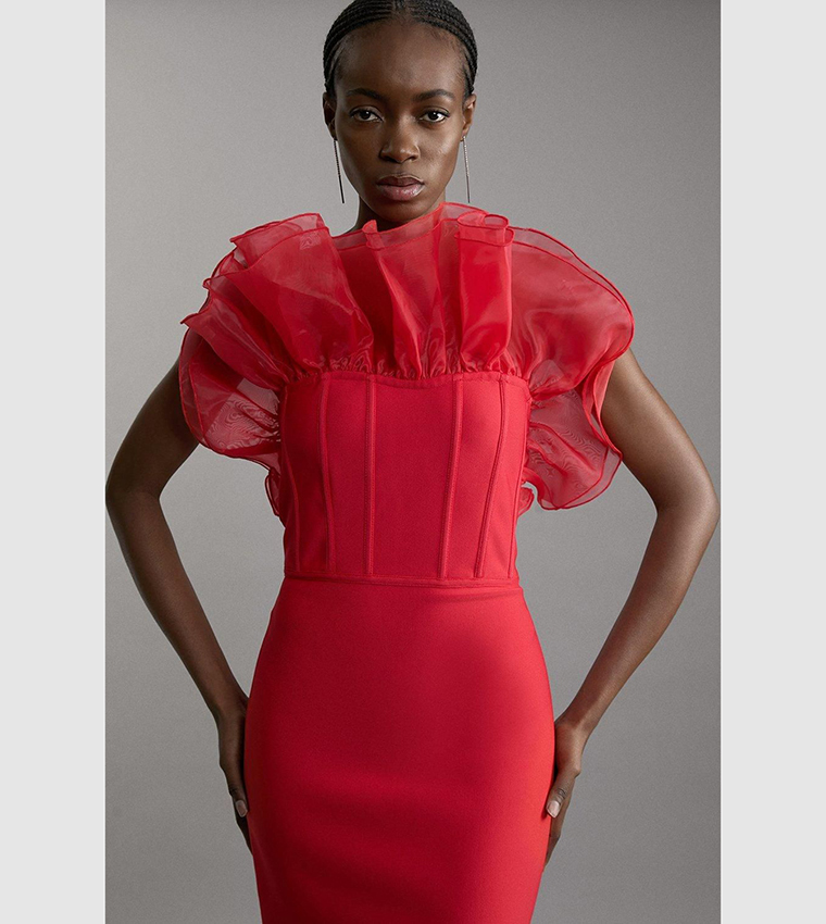 Bandage Figure Form Organza Frill Knit Midi Dress