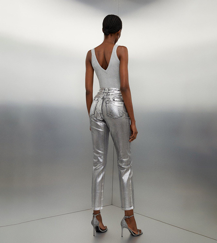High Rise Slim Leg Silver Foiled Jeans
