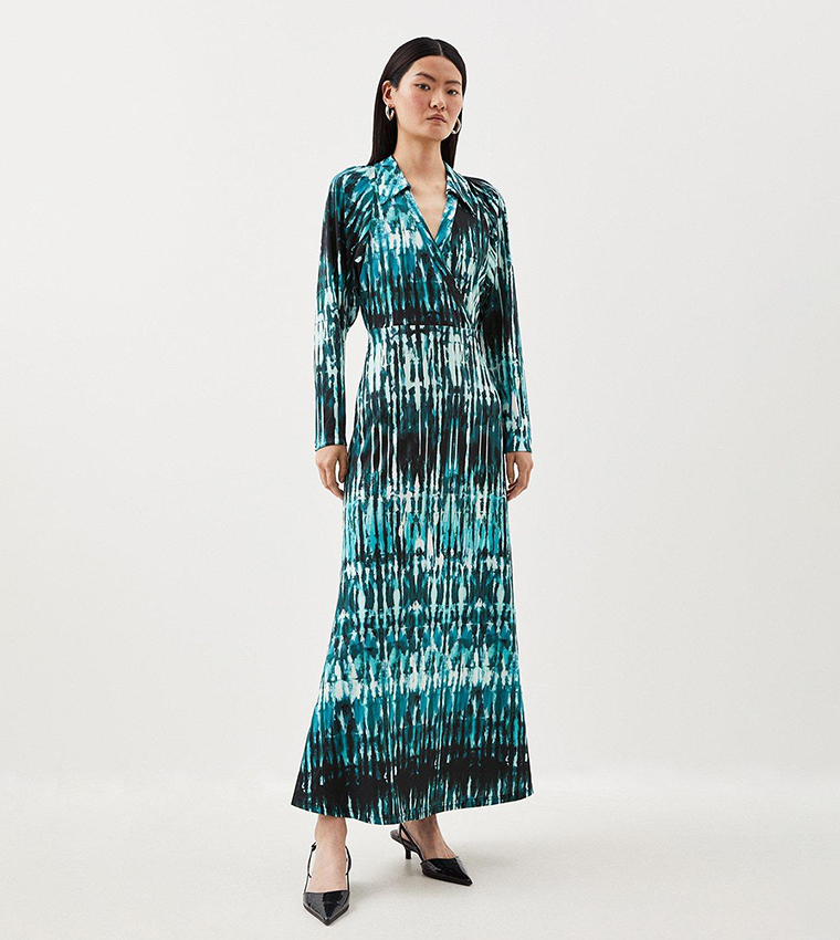 Buy Karen Millen Abstract Print Jersey Maxi Wrap Dress In Green