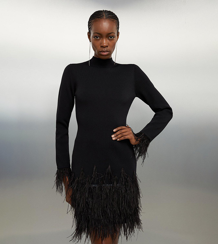 Viscose Blend Feather Detail Knit Mini Dress